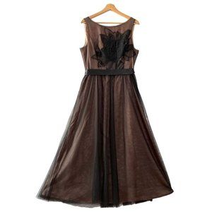 Adrianna Papell Black Tulle Pink Silk Satin Formal Evening Maxi Dress Size 14